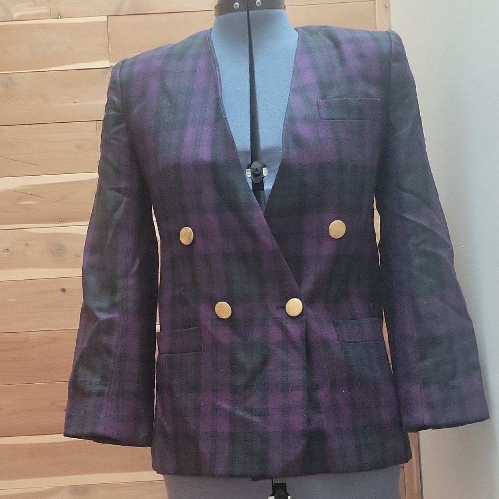Purple and Black Plaid Double-Breasted Blazer